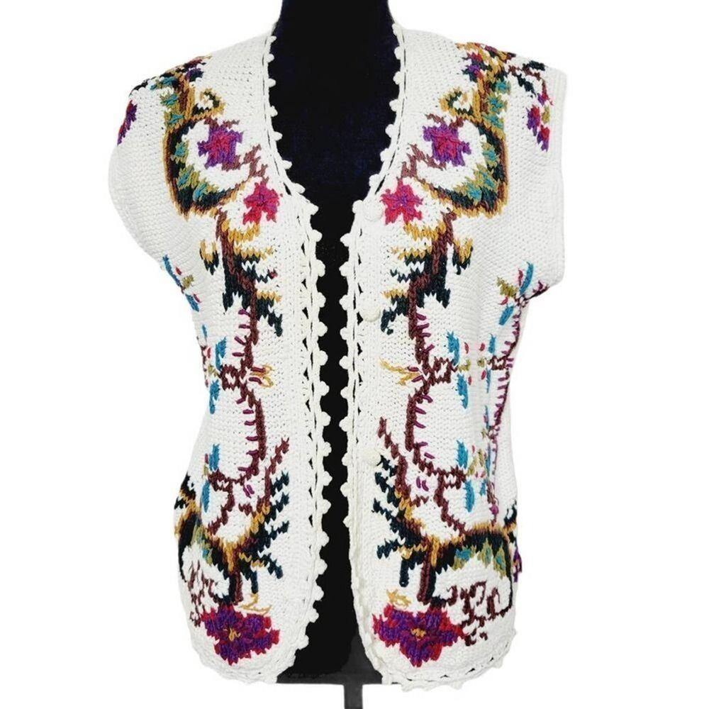 Jennifer & Company Knit Sweater Vest Womens Large Boho Cottagecore Embroidered